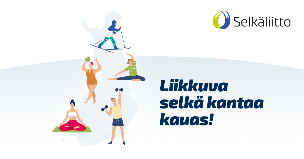 Eri liikuntaleja harrastavia piirroshahmoja Suomen kartalla.