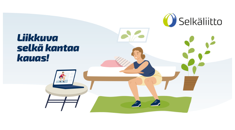 Piirroskuva, nainen tekee nettijumppaa kotona, Selkäliiton logo, teksti Liikkuva selkä kantaa kauas.