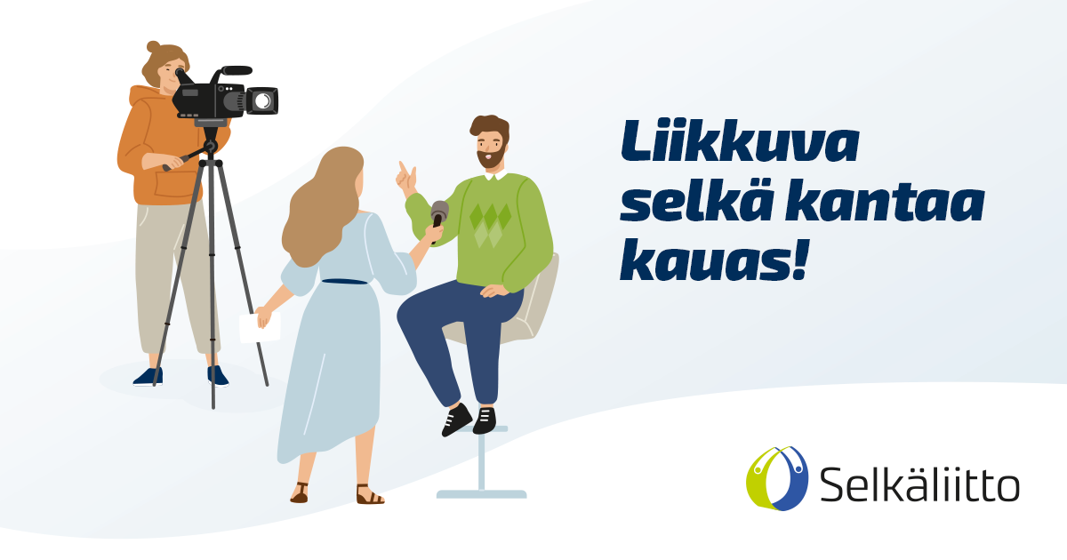 Piirroskuva, naistoimittaja haastattelee miestä, toinen nainen kuvaa kameralla.