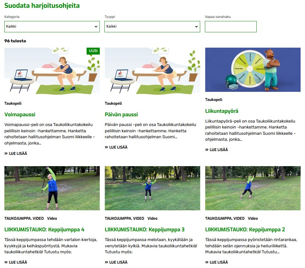 Kuvakaappaus harjoitusohjenäkymästä 'Suodata harjoitusohjeita'.